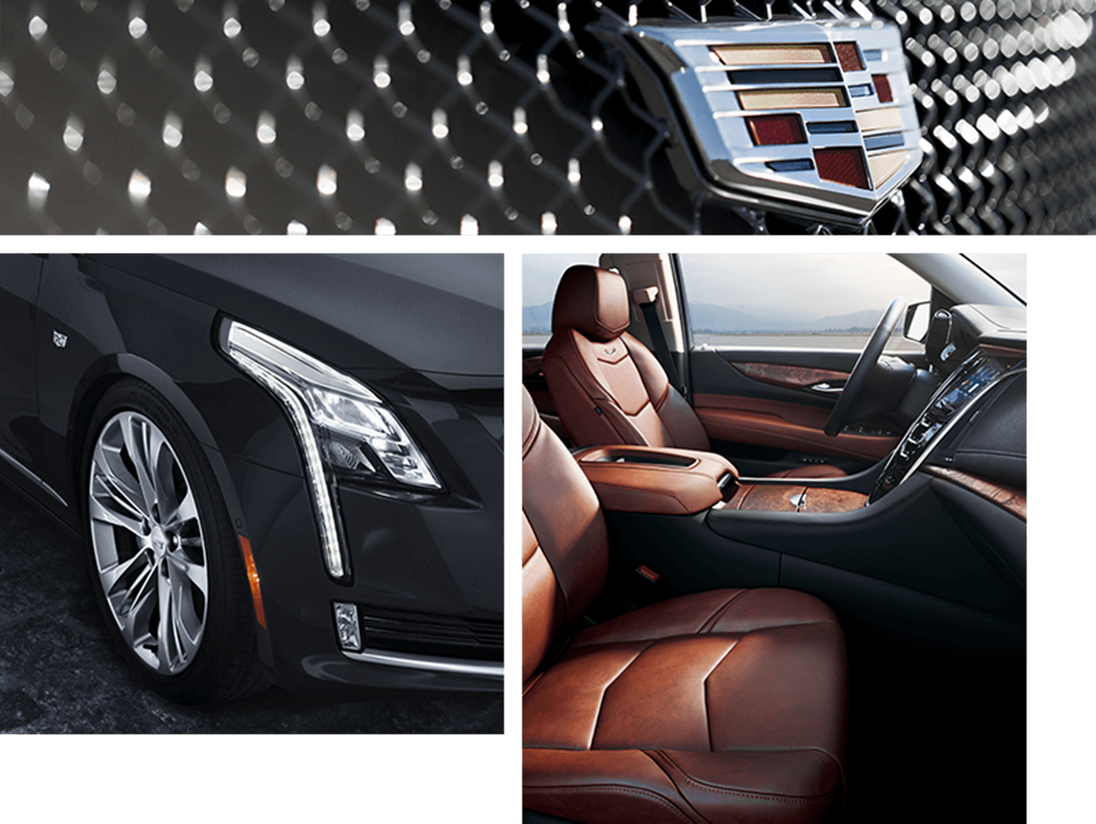 collage of Seat tire and bumper logo of cadlillac car